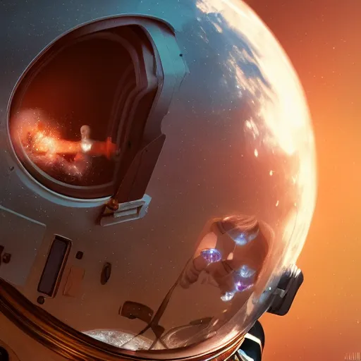 Image similar to an epic portrait of an astronaut entering the micro atom realm of microscopic multiverse with a tiny micro spaceship, cinematic lighting, under a microscope, trending on Artstation, highly detailed, insane details