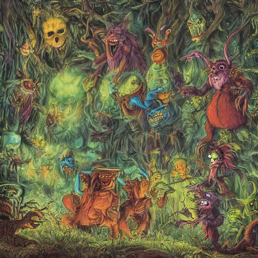 Image similar to a scene of 3 colorful cartoon monsters in the clearing of a dark fantasy forest surrounded by darkness. hyperrealist illustration. muted colors. 1 9 7 0's pulp science fiction and fantasy cartoon for alice in wonderland and wizard of oz. highly detailed and richly colored painting by don ivan punchatz