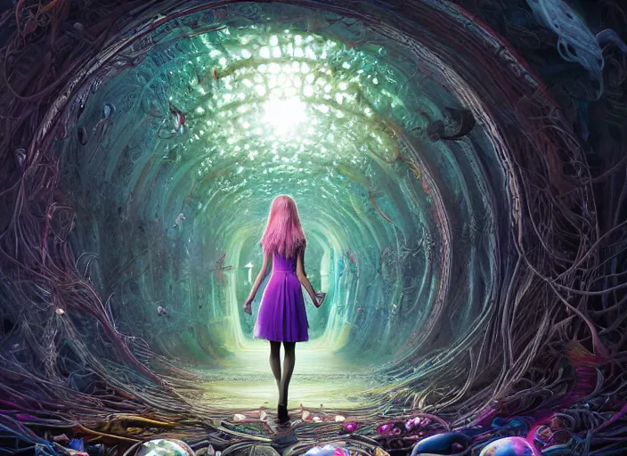 Image similar to vfx surreal 3 d portrait of alice from wonderland walking into a non - euclidean and infinite tunnel of evanescent hallucinatory images, reflections in endless mirrors, hyperdetailed, octane render, sharp focus, concept art, intricate by alex grey, greg rutkowski jeff soto and daniel merriam, dan mumford and pixar, octane render