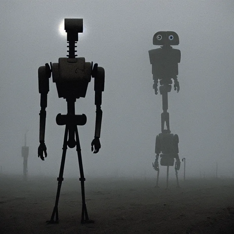 Prompt: the lanky liminal observer droid by dennis mejillones, in a brutalist yet rural landscape by simon stalenhag, 3 5 mm film photography, dawn, eerie fog