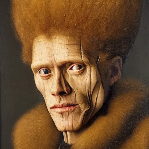 Prompt: portrait of willem dafoe, oil painting by jan van eyck, northern renaissance art, oil on canvas, wet - on - wet technique, realistic, expressive emotions, intricate textures, illusionistic detail