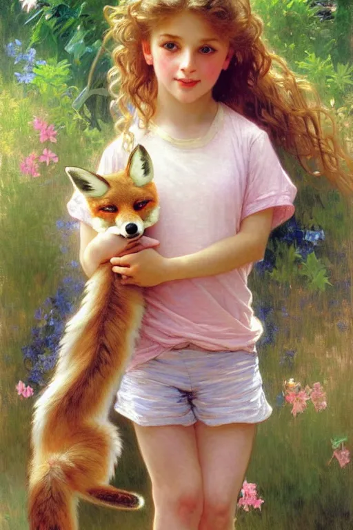 Image similar to a seven - year old girl with long curly dirty blonde hair, blue eyes, tan skin, a pink tee shirt, shorts, playing with a fox, painting by daniel gerhartz, alphonse mucha, bouguereau, detailed art, artstation, realistic fox