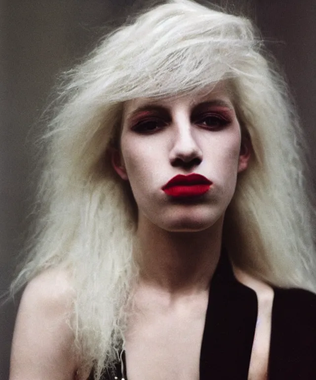 Prompt: a color photograph of a non binary model, platinum blonde, by nan goldin, intense, bold, hyperrealistic, ultra sharp, extra details, ultra high quality, trending on pinteresst