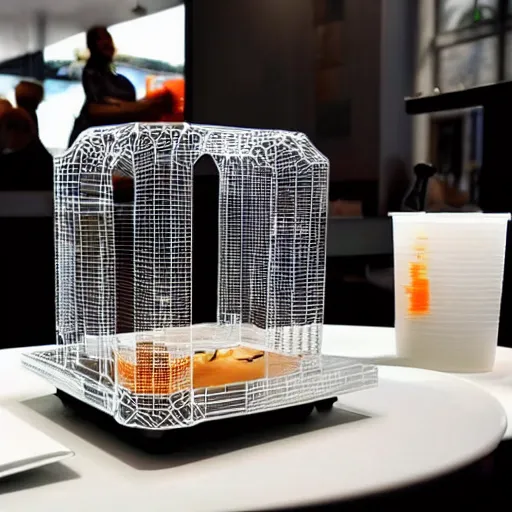 Prompt: machine that 3d prints fancy meals at restaurant table