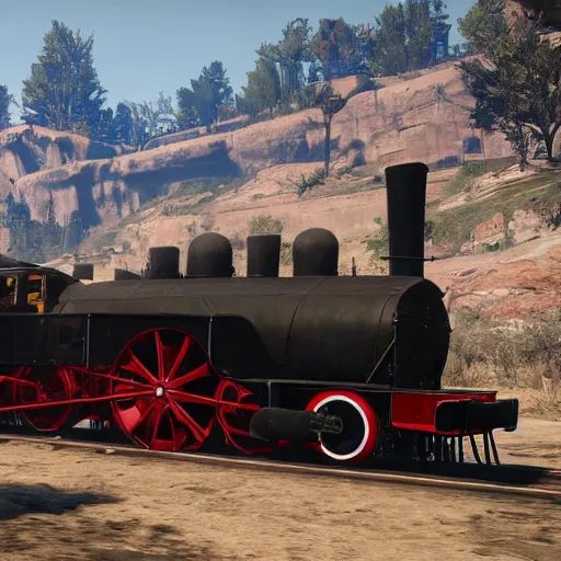 Image similar to futuristic sleek steam locomotive in red dead redemption 2