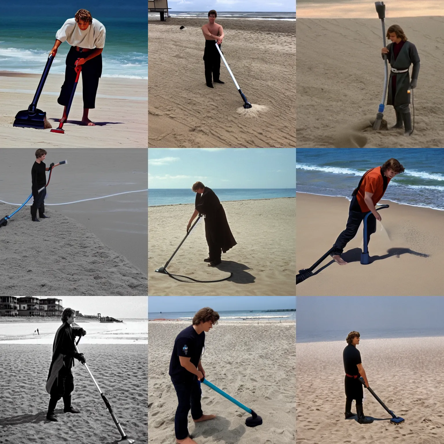 Prompt: anakin skywalker vacuuming the beach to remove sand