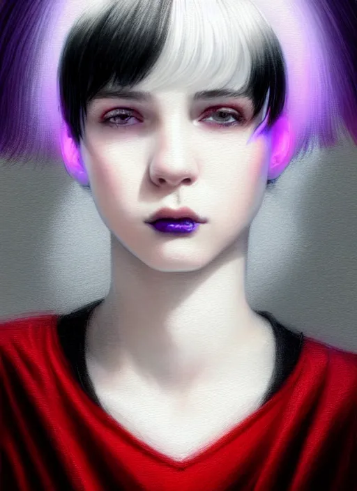 Image similar to portrait of teenage girl with white bangs, red irises, bangs, black and white hair, purple clothes, white bangs, two color hair, black hair and white bangs, intricate, elegant, glowing lights, highly detailed, digital painting, artstation, concept art, smooth, sharp focus, illustration, art by wlop, mars ravelo and greg rutkowski