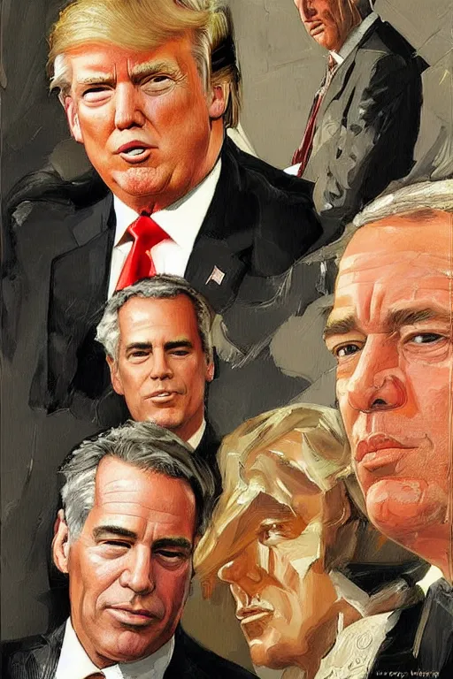 Image similar to donald trump and jeffrey epstein, painting by jc leyendecker!! phil hale!, angular, brush strokes, painterly, vintage, crisp