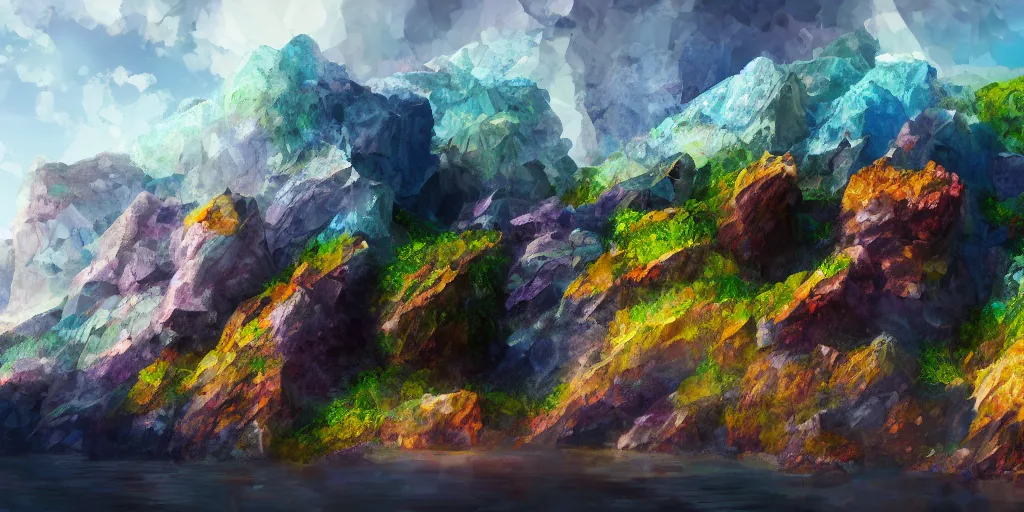 Image similar to sheer colourful rugged crystal quartz cliff, viewed from the ocean, illustration, bright sunlight, sun glints, sunrays, digital art, hyperrealistic, oil painting, fantasy, 8 k, trending on artstation, detailed