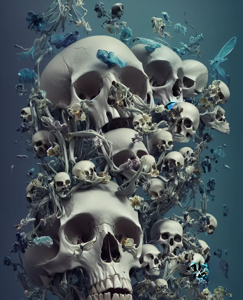 Image similar to composition of human skulls, animals skulls, bones, rib-cage and orchids, bioluminiscent, by Tooth Wu and wlop and beeple. octane render, trending on artstation, greg rutkowski very coherent symmetrical artwork. cinematic, hyper realism, high detail, octane render, 8k