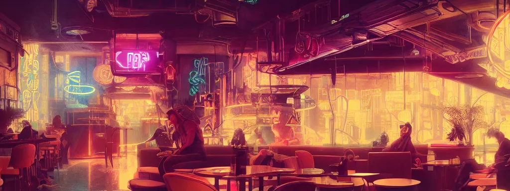 Image similar to concept art, crowded retro - futurist speakeasy, reflections, eerie neon lighting, beautiful plants, colourful flowers, style of bladerunner, octane render, artstation, james jean, syd mead, akihiko yoshida, cinematic