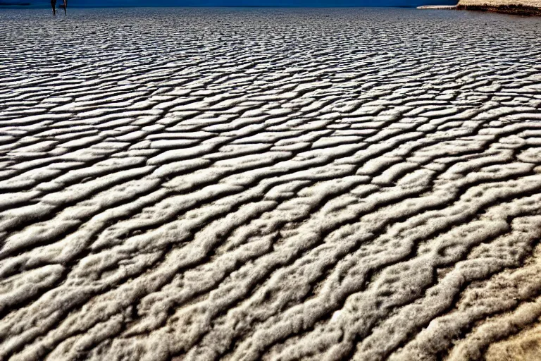 Image similar to salt deposits of the dead sea, striped beach, salt cristals and sand, artistic vacation photo, trending on artstation.