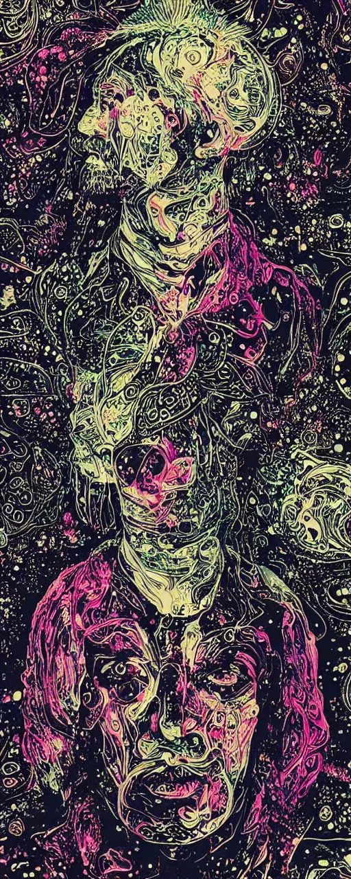 Image similar to disco diffusion portrait of Thom Yorke, on the moon:: cosmic tarot card, intricate fractal details, broken reality, fanciful floral mandelbulb, black paper, style of wes anderson