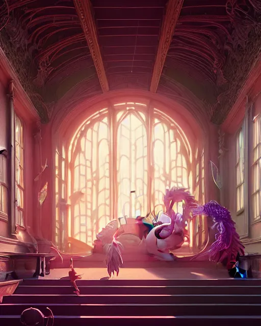 Image similar to highly detailed surreal vfx great hall, stephen bliss, unreal engine, greg rutkowski, loish, rhads, beeple, makoto shinkai and lois van baarle, ilya kuvshinov, rossdraws, tom bagshaw, alphonse mucha, global illumination, detailed and intricate environment