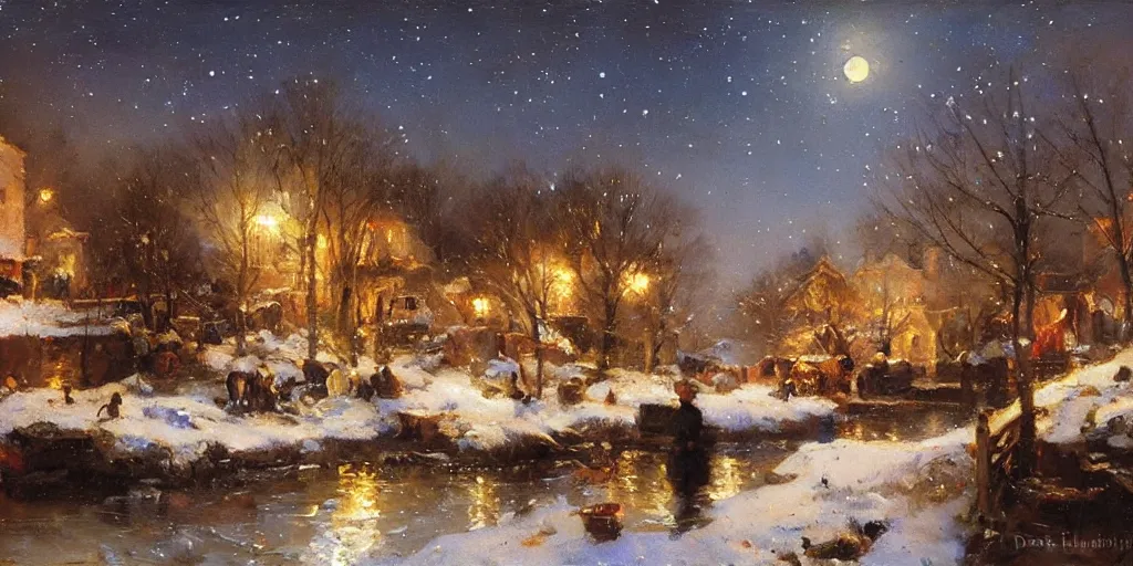 Image similar to a scene of a small eastern european village at night, stars, moon, wintertime, painting by daniel f. gerhartz