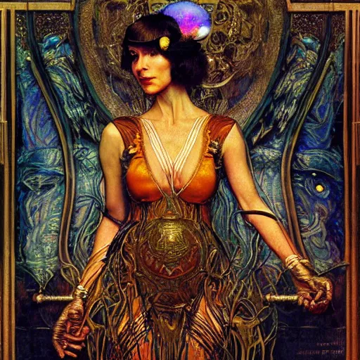 Image similar to renaissance portrait of an art deco machine priestess, reflective detailed textures, highly detailed fantasy science fiction painting by annie swynnerton and jean delville and moebius, norman rockwell and william holman hunt. modern industrial shaman, rich colors, high contrast. artstation