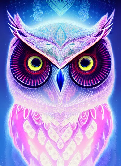 Image similar to symmetry!! product render poster vivid colors divine proportion owl, ice and snow, glowing fog intricate, elegant, highly detailed, digital painting, artstation, concept art, smooth, sharp focus, illustration,