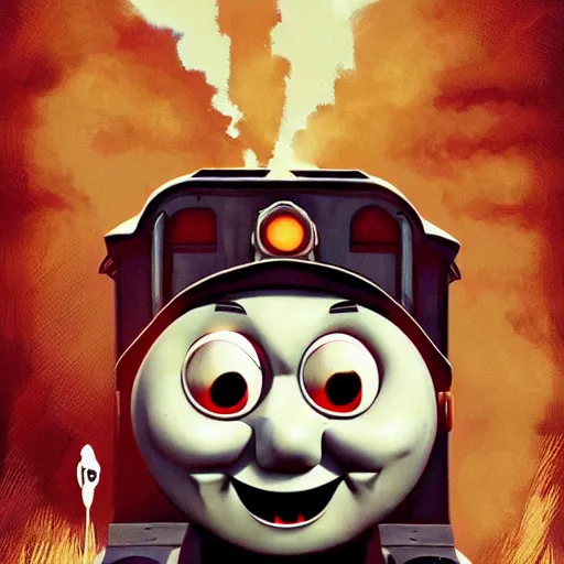 Image similar to gloomy and frightening thomas the engine goes straight to hell, artstation