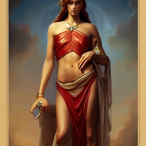 Image similar to A detailed painting of a full length portrait of a Greek goddess, By Anne Stokes and Steve Argyle and Daniela Uhlig and Tom Bagshaw. Trending on Artstation, digital character painting.