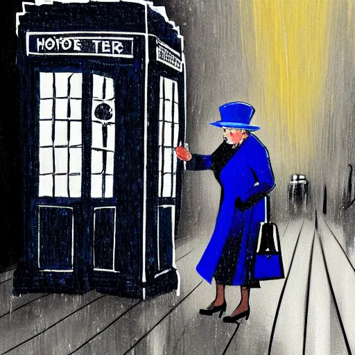 Prompt: Queen Elizabeth II stepping out of the Tardis on a dark rainy London street, highly detailed, digital painting, concept art, smooth, sharp focus