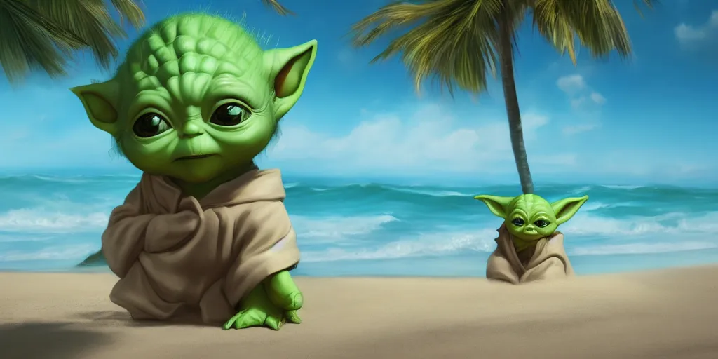 Image similar to Baby Yoda chillin on a beach, waves coming up onto the shore, palm trees swaying in the wind, hyperdetailed, artstation, cgsociety, 8k