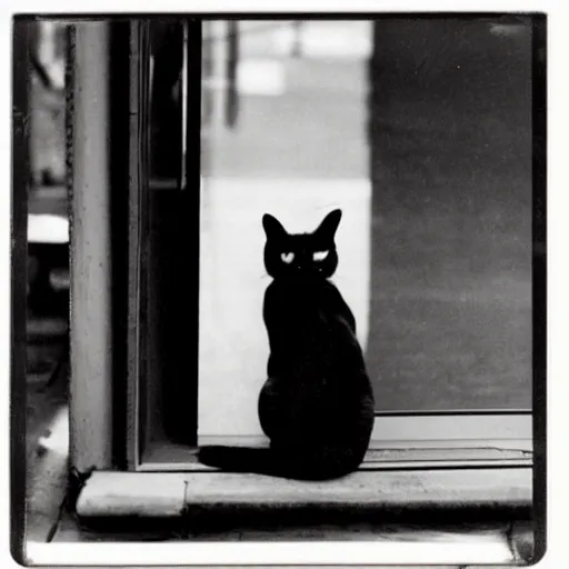 Image similar to wide-shot very low-angle eyesight photo of a mirror door with a reflection of a cat at the street in New York, polaroid photo, by Andy Warhol, signed