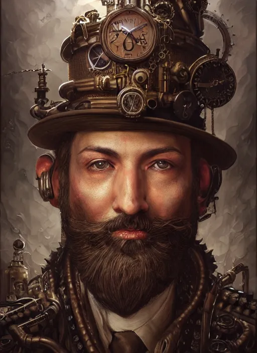 Image similar to portrait of a steampunk bearded king, grim - lighting, high - contrast, intricate, elegant, highly detailed, centered, digital painting, artstation, concept art, smooth, sharp focus, illustration, artgerm, tomasz alen kopera, peter mohrbacher, donato giancola, joseph christian leyendecker, wlop, boris vallejo