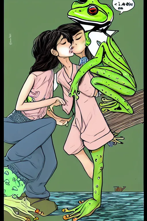 Image similar to frog prince kiss girl, realistic, art by tafy laplanche, colored by zeng fanzhi