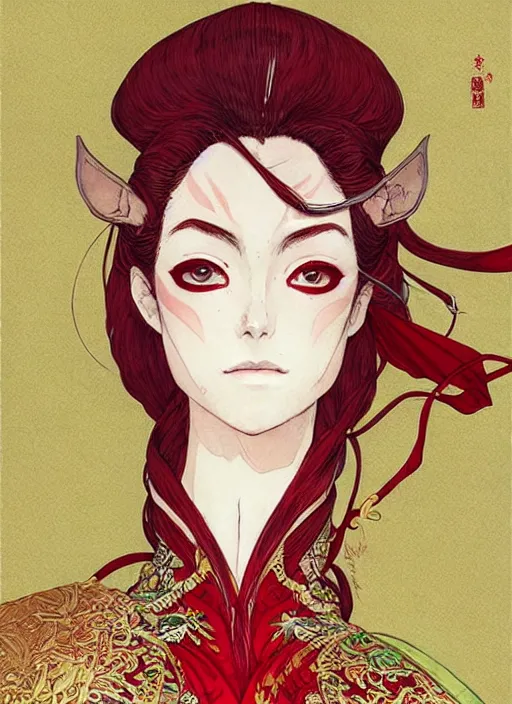 Image similar to half body portrait of a beautiful elven queen in red green gold dress, detailed, wearing kimono armor, by conrad roset, takato yomamoto, jesper ejsing, beautiful