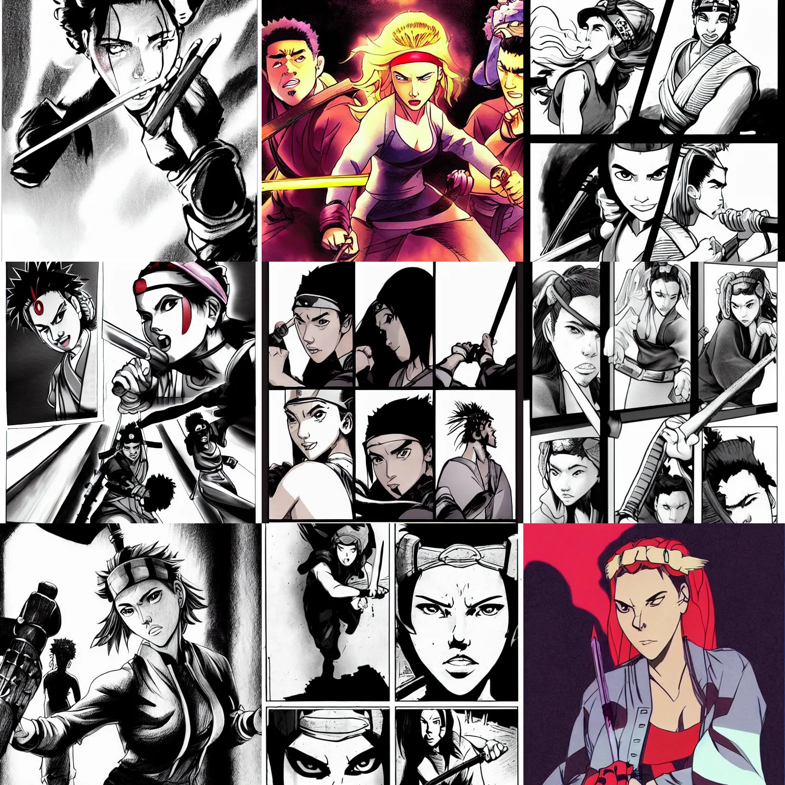 Prompt: scarlett johansson with angry expression, wearing the number 1 headband, surrounded by 3 bandits in a dojo, she is holding a samurai sword ready to fight. 3 comic panel fight scenes. dramatic lighting, the boondocks anime style, pencil and ink manga drawing