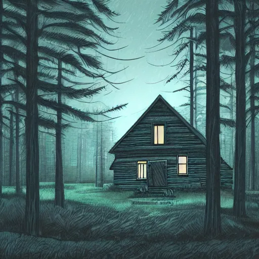 Image similar to a Ilustration of a Eerie cabin in the middle of the woods in the style of Dan Mumford