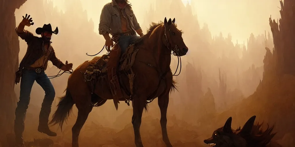 Prompt: a cowboy in a show down with a werewolf, western scene, cinematic, volumetric moody lighting, highly detailed, digital painting, artstation, concept art, matte, sharp focus, illustration, art by artgerm and greg rutkowski and alphonse mucha