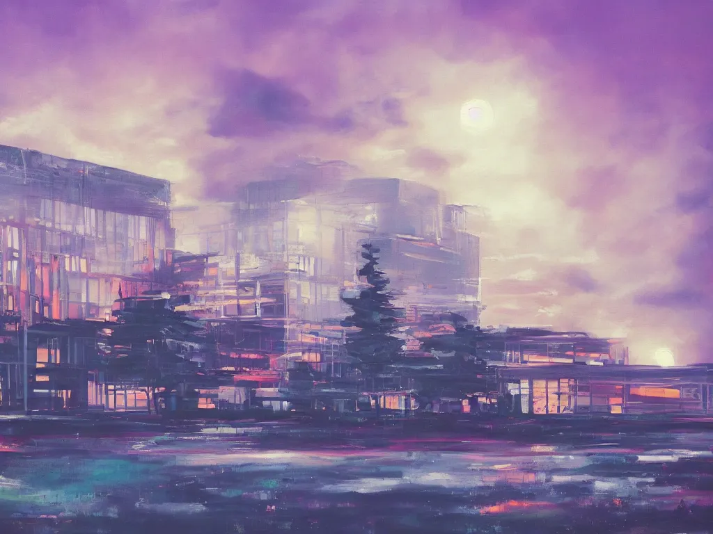 Prompt: A beautiful painting of a building in a serene landscape, retrowave