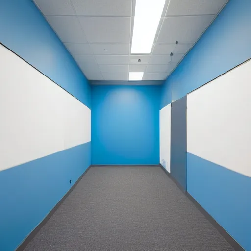 Prompt: the backrooms : an endless maze of randomly generated office rooms and other environments. it is characterized by the smell of moist carpet, walls with a monochromatic tone of dirty off - white, 1 9 8 0's style carpeted walls and buzzing fluorescent lights