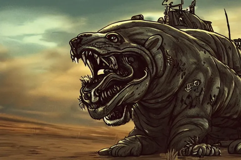 Image similar to a good ol'jaguar fursona ( from the furry fandom ), heavily armed and armored facing down armageddon in a dark and gritty version from the makers of mad max : fury road. witness me.