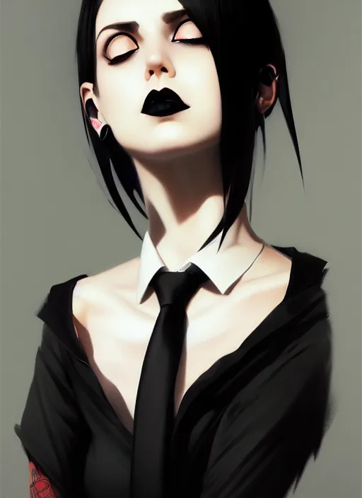 Prompt: ultradetailed beautiful panting of a stylish goth woman wearing a shirt with a tie, dramatic, she has black hair, distressed, volumetric light, by greg rutkowski, ilya kuvshinov, james jean, makoto shinkai, on artstation