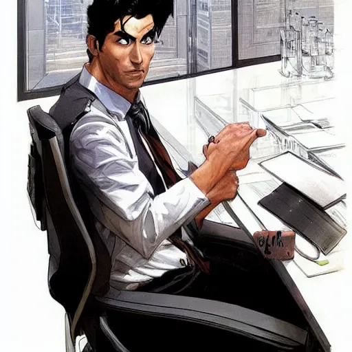 Image similar to a beautiful artwork of a young male scientist with black hair and white shirt sitting on an office chair explaining something by Jerome Opeña, featured on artstation