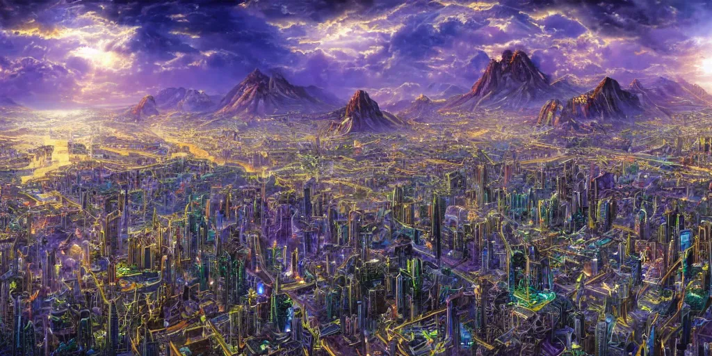 Image similar to balanced fantasy masterpiece, bird's eye vista view, high - tech atlantean civilization, mayan, chrome, gold, amethyst, highrise city, extremely detailed, distant mountains, bright clouds, luminous sky, bright cinematic lighting, michael cheval, michael whelan, airbrush digital oil painting, vray, 8 k hd