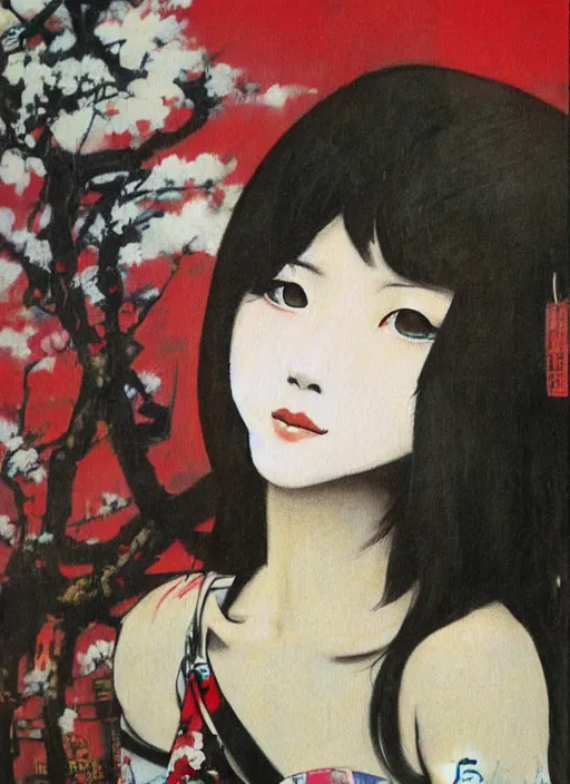 Image similar to painting of a young japanese woman standing in harajuku street art by frank frazetta