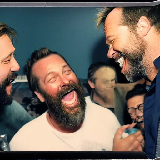 Prompt: a polaroid photo of tom segura and brad pitt laughing at a joke together while bert kreischer cries in the background, photorealistic, highly detailed