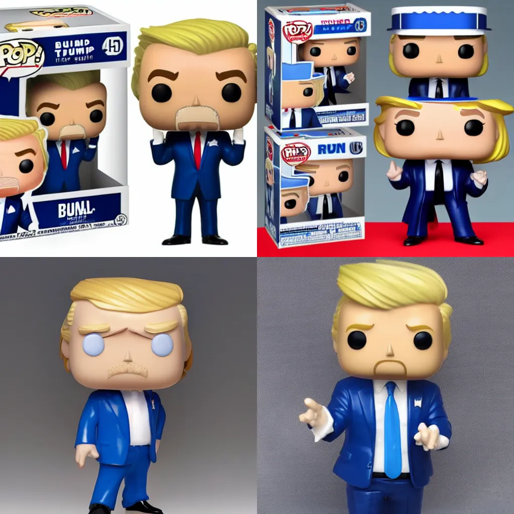 Prompt: funko pop! donald trump, blond hair, blue suit, white background