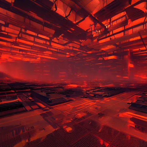 Prompt: the interior of a futuristic factory in a magma realm, fiery, advanced hi-tech structures, featured on artstation, octane render, 8k hd artwork, cinematic, cinematic lighting,