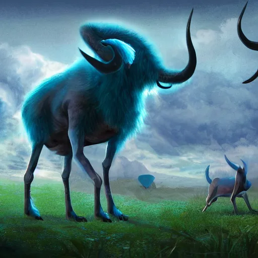 Image similar to an illustration of a giant blue six - legged beast, a pair of horns, fluffy fur, walking across a peaceful fantasy meadow, digital art concept art