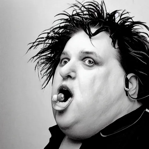 Prompt: obese Robert Smith wearing a headset yelling at his monitor while playing WoW highly detailed wide angle lens 10:9 aspect ration award winning photography by David Lynch