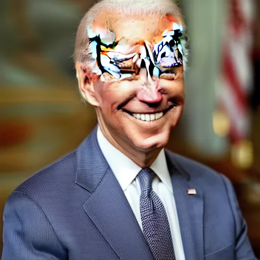 Prompt: photo of joe biden smiling in the shadows, scary
