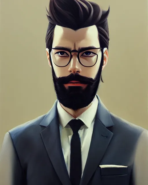 Image similar to a oil painting portrait of a stylish bearded man wearing suit outfit, by makoto shinkai trending on artstation