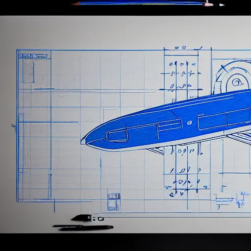 Image similar to blueprint of spaceship, technical drawing on blue paper, centered, studio lighting, 8 k