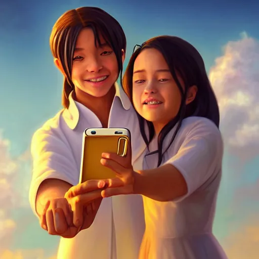 Image similar to beautiful serene intricate portrait of katara and toph taking a selfie, smiling softly, relaxing on the beach, golden hour, soft focus, 8 k, art by irakli nadar, hyperrealism, hyperdetailed, ultra realistic