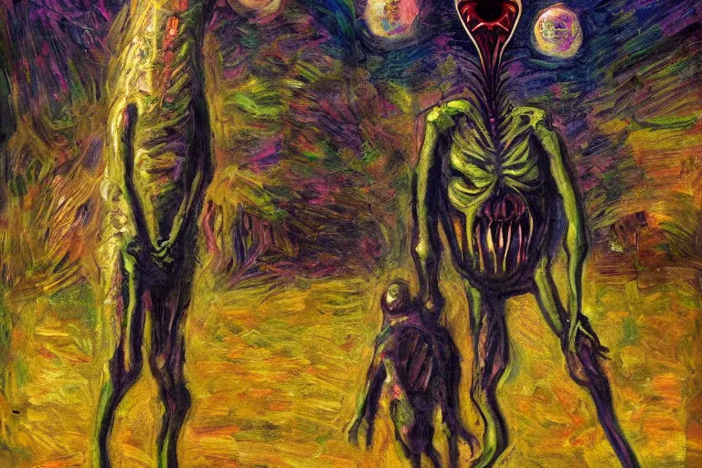 Image similar to a tall terrifying alien. in the style of american impressionism painting.