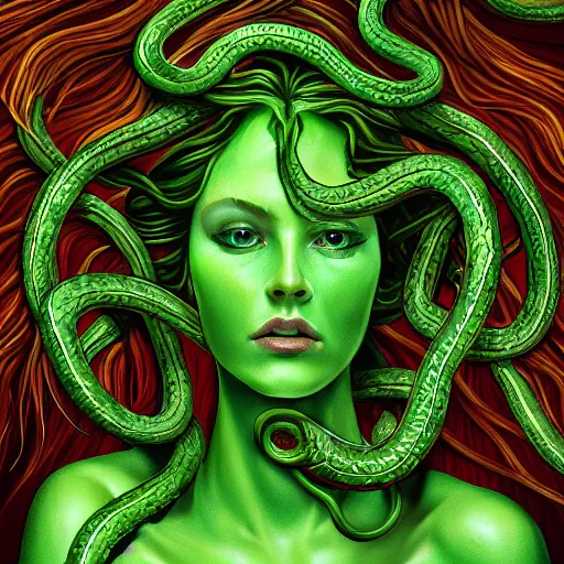 Prompt: medusa with flowing green snakes. close up of full head. painterly. digital art. elegant. scary. highly detailed. 4 k